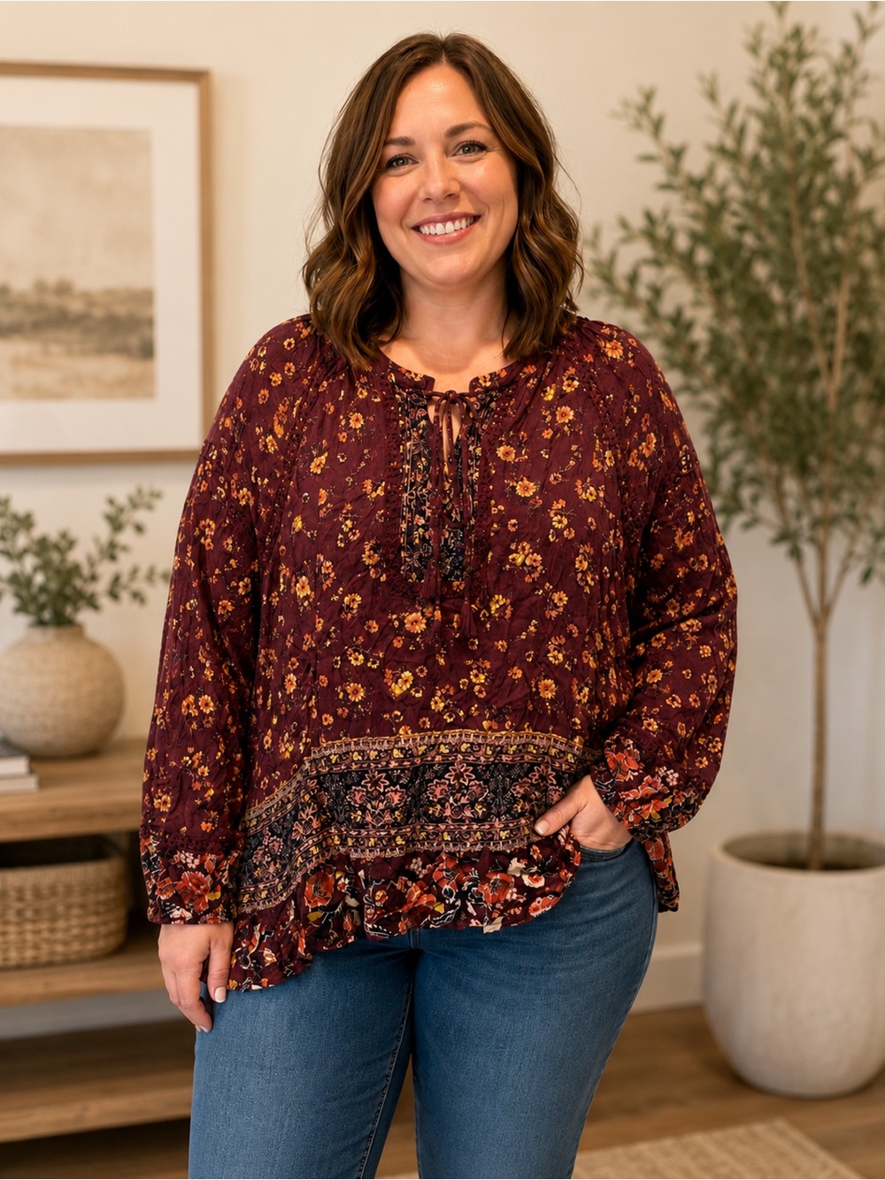 Knox Rose Burgundy Floral Peasant Blouse